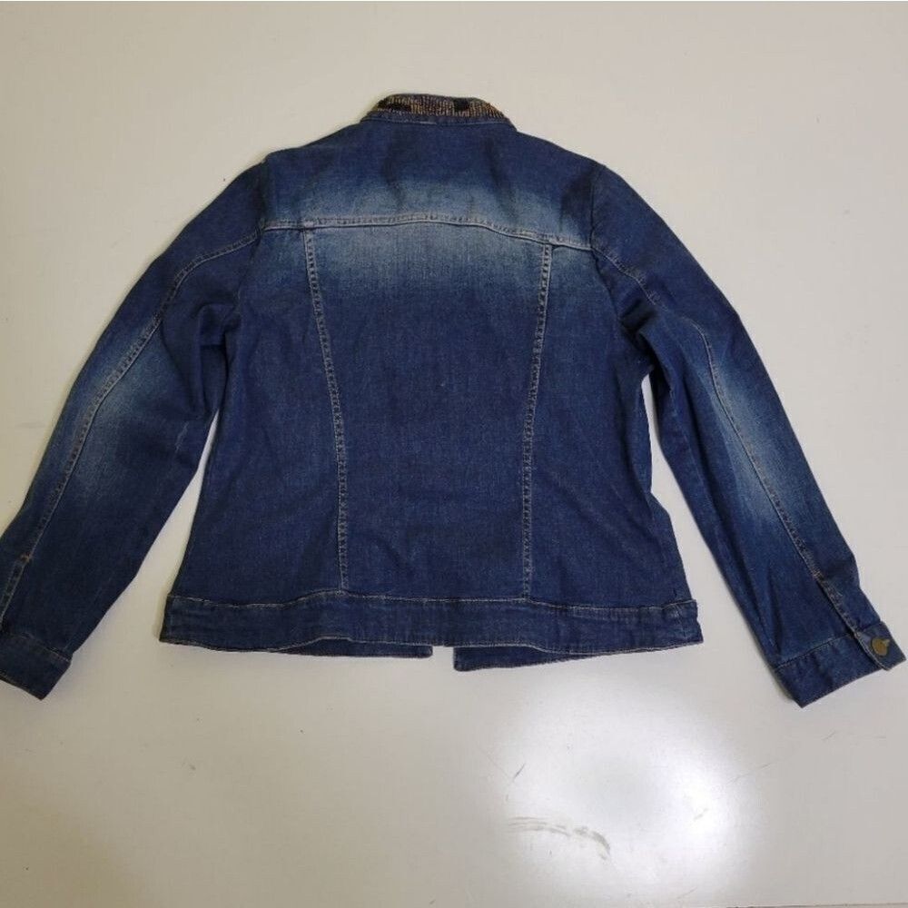 CHICO'S BEADED LEOPARD EMBELLISHED STRETCH DENIM JACKET BLUE BROWN TAN 1 medium - Picture 9 of 9